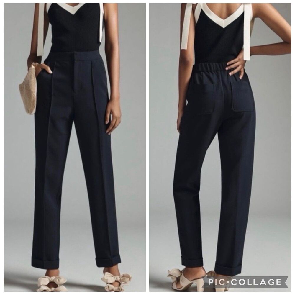 Maeve Anthropologie Seamed Trouser Pants Sz 0 Black High Waist Slim Cuffed Work